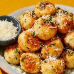 Delicious homemade Parmesan Bread Bites served on a plate with dipping sauce.