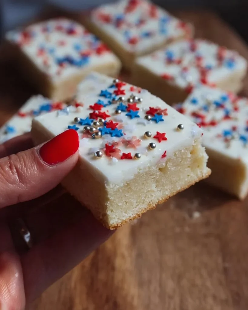 Patriotic sugar cookie bars decorated with red, white, and blue frosting