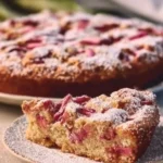 Delicious homemade rhubarb cake with fresh rhubarb and a light frosting.