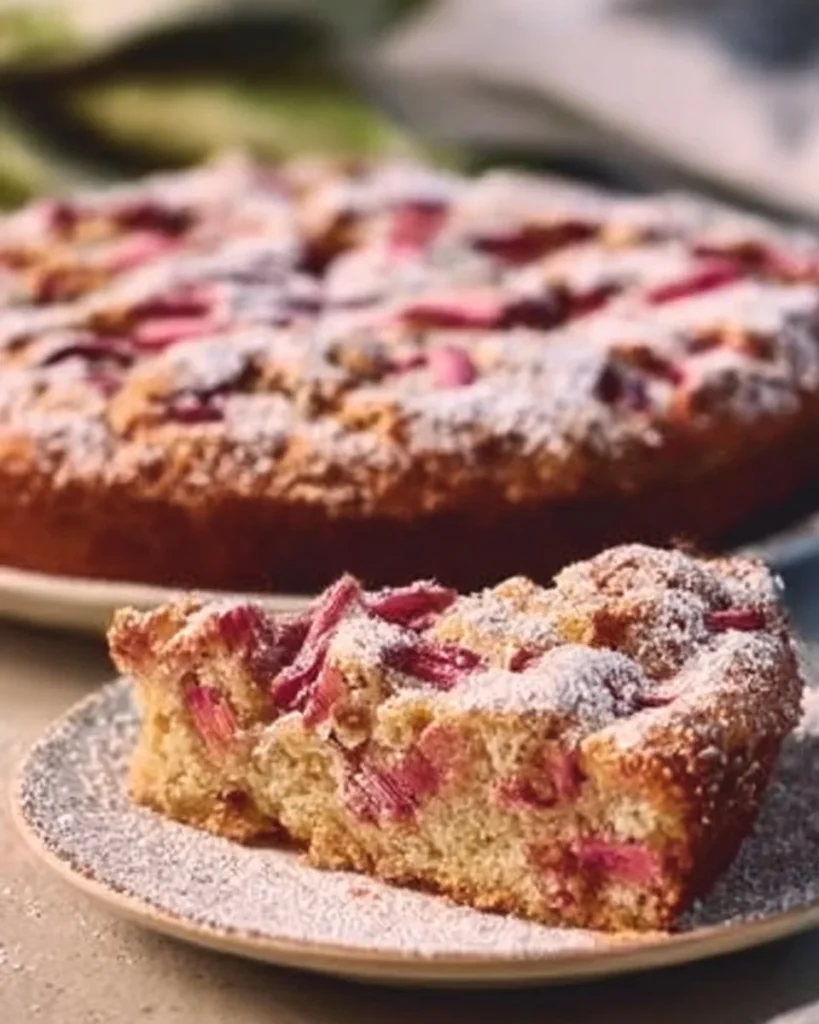 Delicious homemade rhubarb cake with fresh rhubarb and a light frosting.
