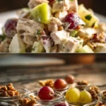 Roasted chicken salad topped with fresh apples and walnuts on a wooden table
