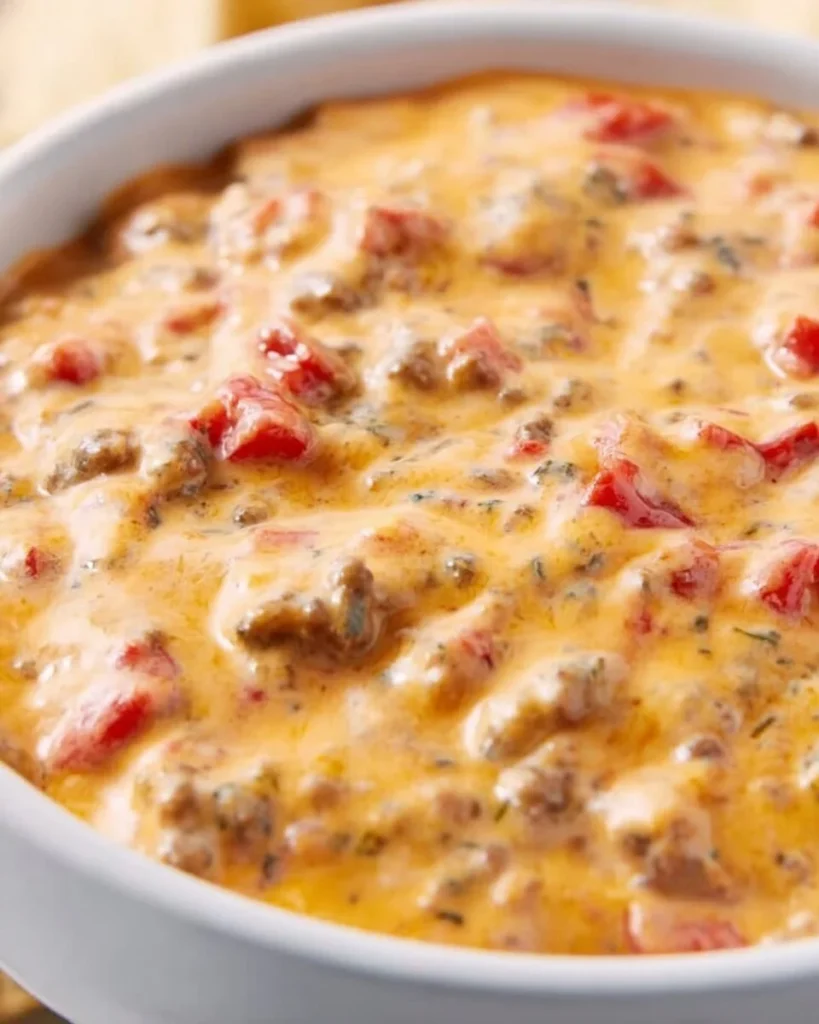 Creamy and spicy Rotel Dip served in a bowl with tortilla chips