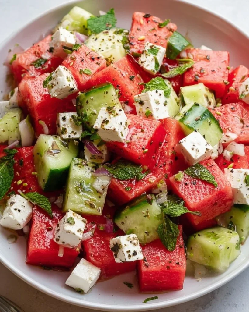 A vibrant Watermelon Cucumber Feta Salad served in a bowl.