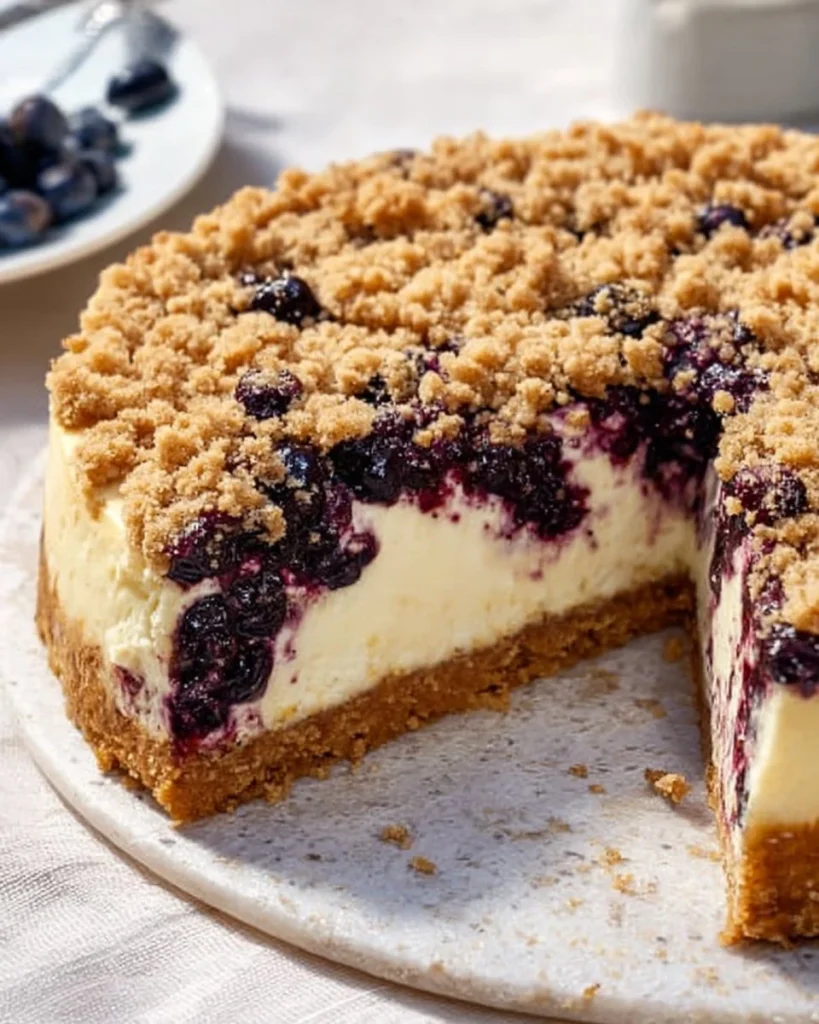 Delicious summer blueberry cheesecake topped with fresh blueberries