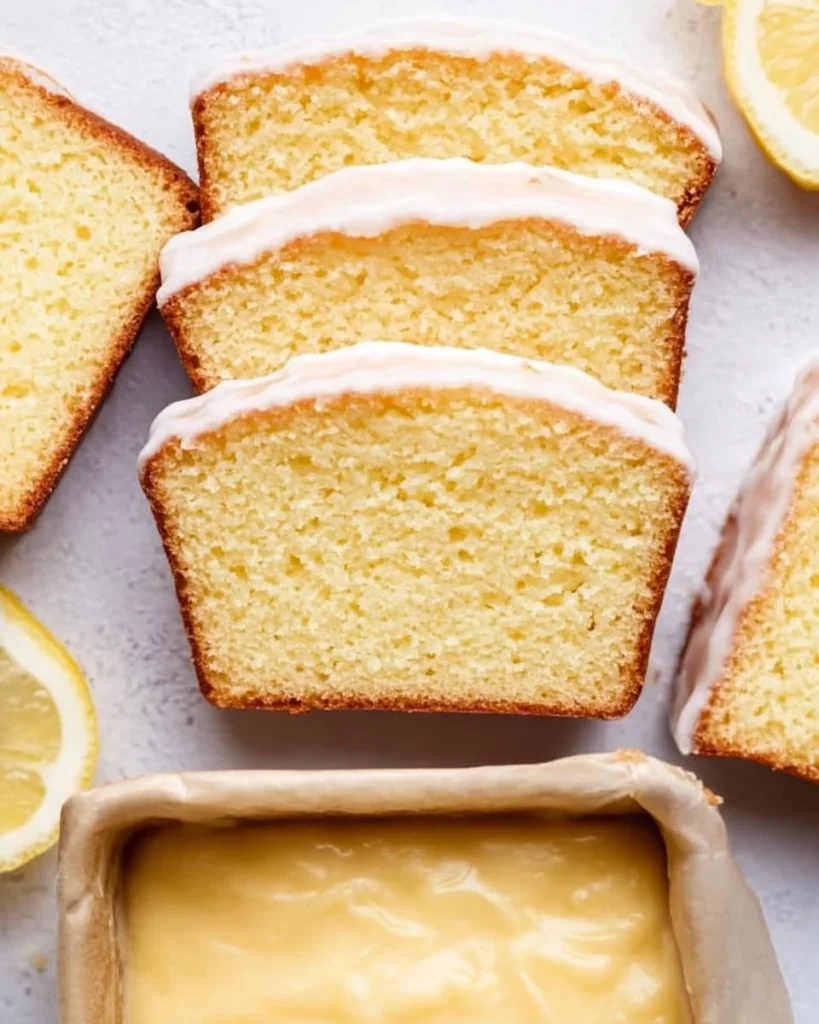 Homemade Starbucks copycat lemon loaf served with a slice cut out