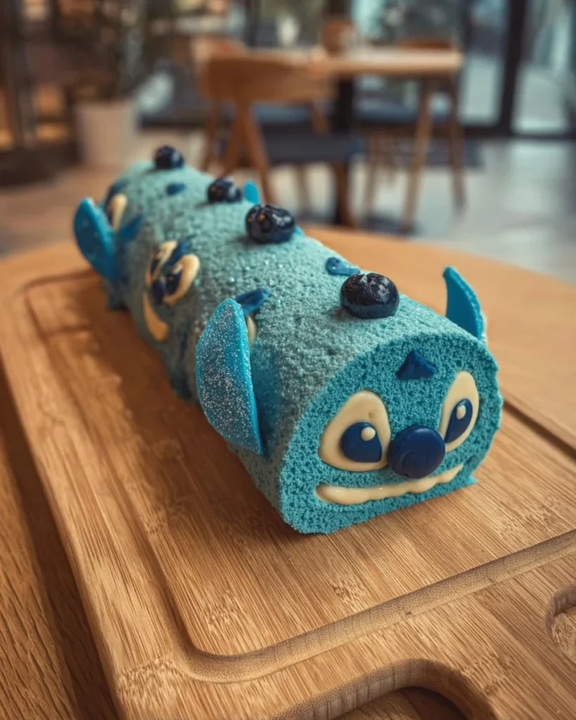 Stitch-Inspired Tropical Blue Cake Roll dessert with colorful tropical decorations