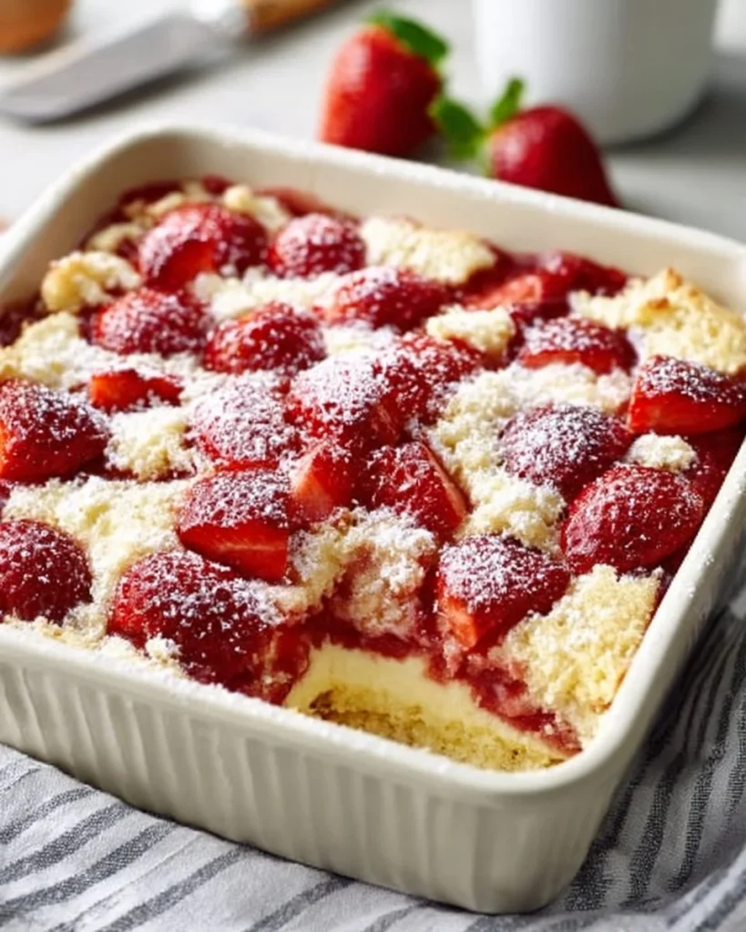 Delicious Strawberry Cheesecake Dump Cake served on a plate