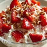 Fresh Strawberry Crackle Salad with crunchy toppings in a bowl