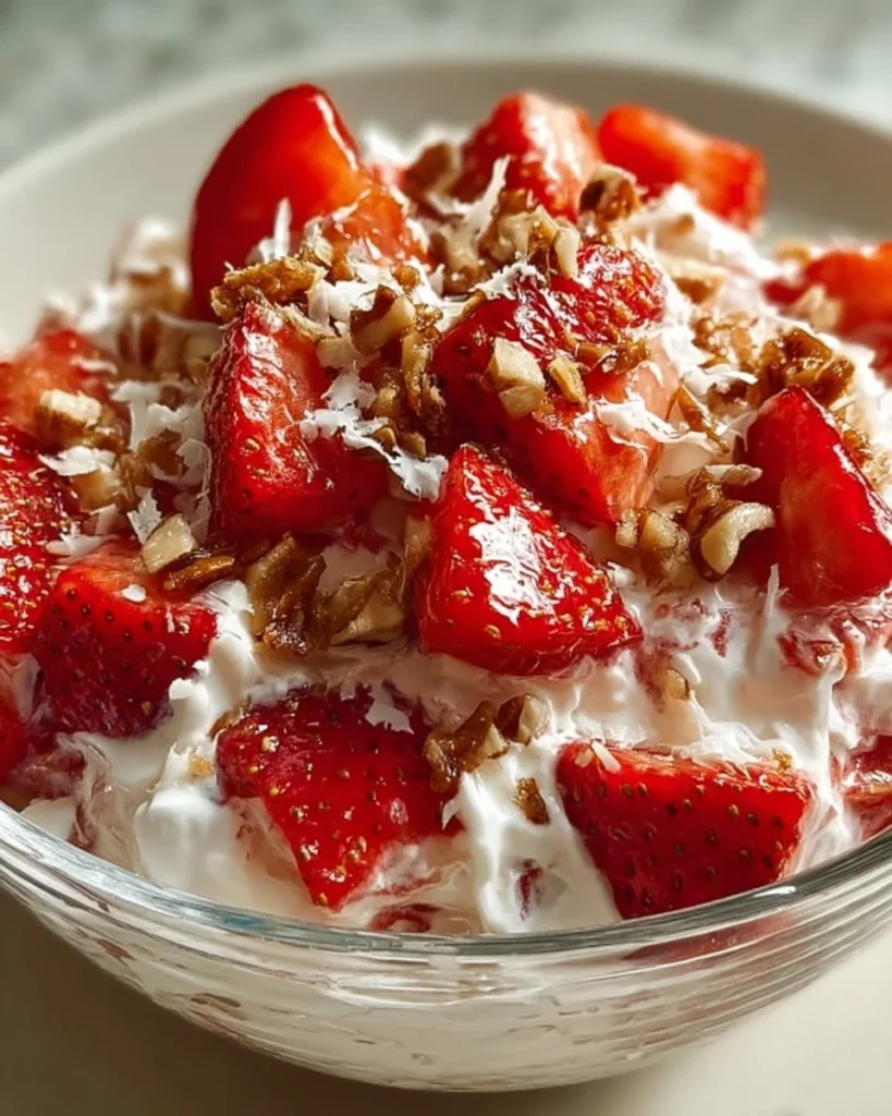 Fresh Strawberry Crackle Salad with crunchy toppings in a bowl