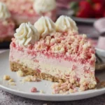 Layers of strawberry shortcake cheesecake topped with fresh strawberries