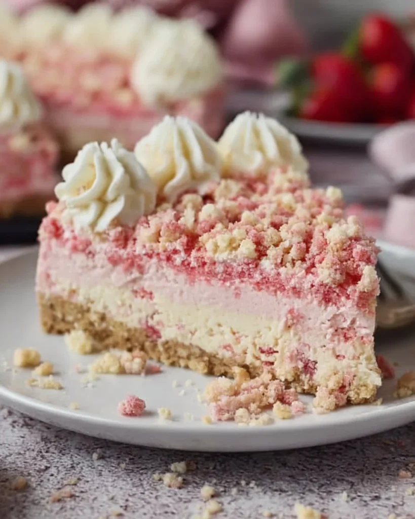 Layers of strawberry shortcake cheesecake topped with fresh strawberries