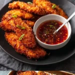Sweet and crispy coconut chicken tenders served with a tangy dipping sauce.