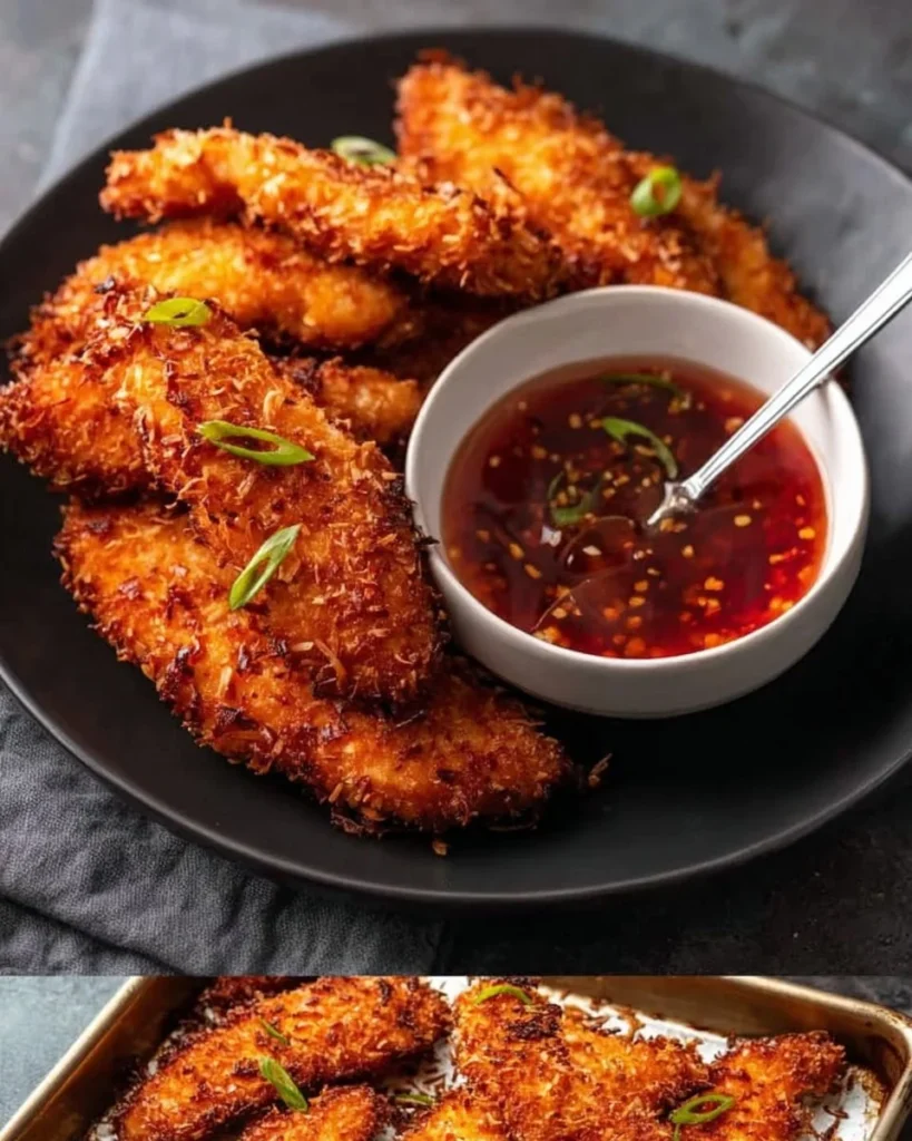 Sweet and crispy coconut chicken tenders served with a tangy dipping sauce.