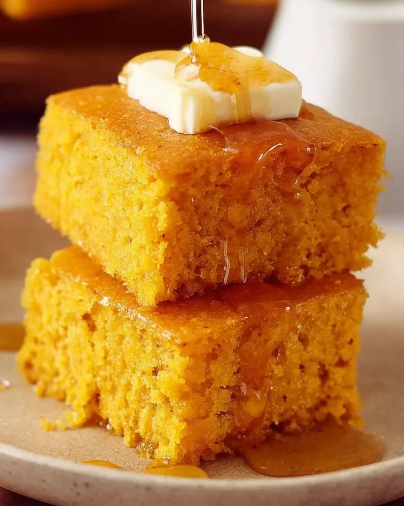 A slice of sweet potato cornbread with butter and herbs on a wooden table.