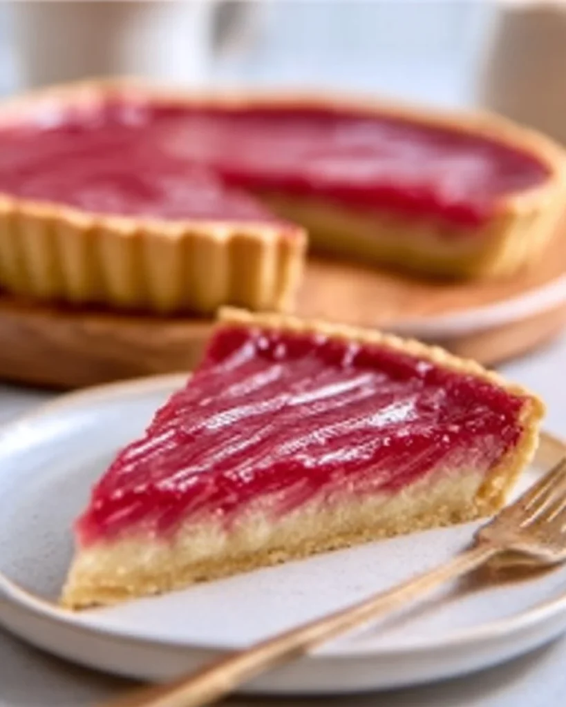 Delicious sweet rhubarb custard tart with a golden crust and vibrant filling