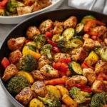 Healthy chicken and vegetables skillet recipe with vibrant colors and fresh ingredients.