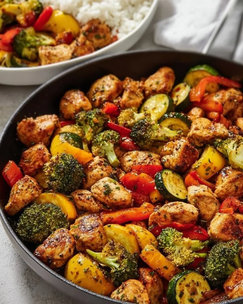 Healthy chicken and vegetables skillet recipe with vibrant colors and fresh ingredients.