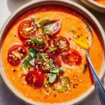 A bowl of authentic tomato gazpacho garnished with fresh herbs and vegetables