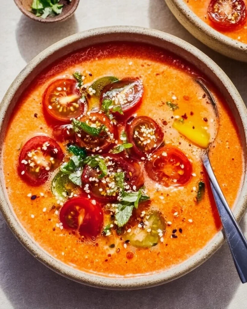 Authentic Tomato Gazpacho 2 A bowl of authentic tomato gazpacho garnished with fresh herbs and vegetables