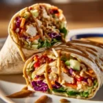 Thai Peanut Chicken Wraps with fresh vegetables and creamy peanut sauce