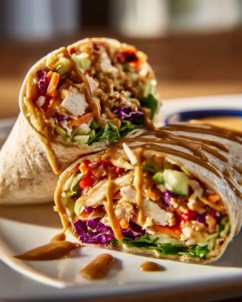 Thai Peanut Chicken Wraps 2 Thai Peanut Chicken Wraps with fresh vegetables and creamy peanut sauce