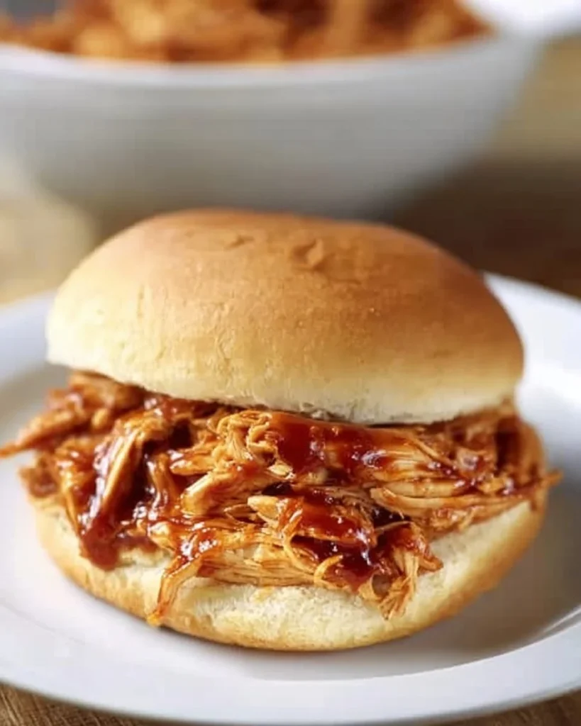 The Best Crockpot BBQ Chicken (Easy Pulled Chicken) 2 Delicious crockpot BBQ chicken served in a bowl with fresh herbs