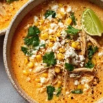 Bowl of Mexican Street Corn Soup garnished with fresh cilantro and lime