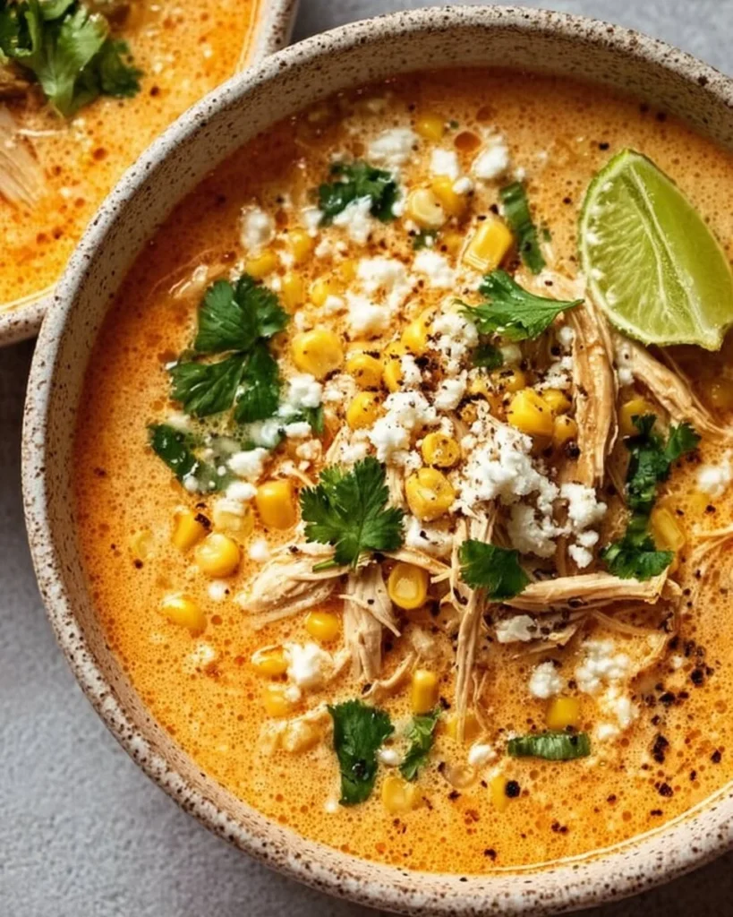 The one and only Mexican Street Corn Soup 2 Bowl of Mexican Street Corn Soup garnished with fresh cilantro and lime